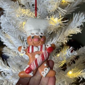 Gingerbread Chef Ornament with Candy Cane - White and Brown